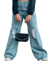 Calça jeans wide leg rasgada